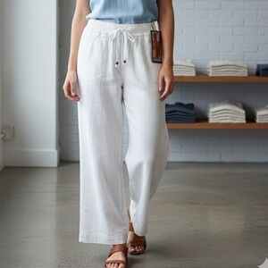 SOUNDSTYLE‎ White Linen Blend Wide Leg Pants Sz L 12-14 Smocked Waist Drawstring
